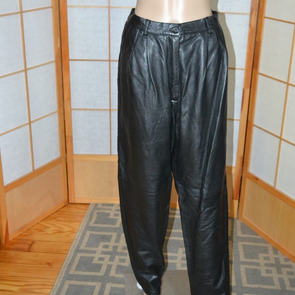 SOLD Saks 5th Black Leather 90's Pleated Pants 14 - Picture 5 of 6